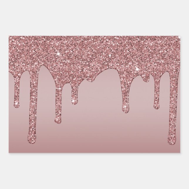 Luxury Rose Gold Sparkle Glam Glitter Drips Wrapping Paper Sheet (Front)