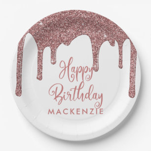 Luxury Rose Gold Sparkle Glitter Drips Birthday Paper Plate