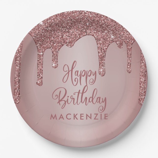 Luxury Rose Gold Sparkle Glitter Drips Birthday Paper Plate (Front)