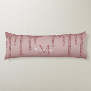 Luxury Rose Gold Sparkle Glitter Drips Monogram Body Pillow