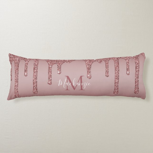 Luxury Rose Gold Sparkle Glitter Drips Monogram Body Pillow (Front)