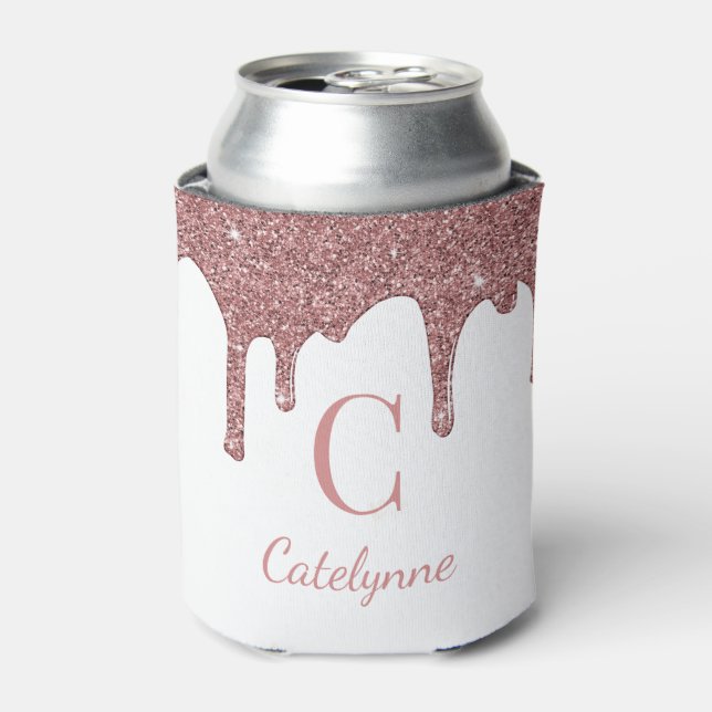 Luxury Rose Gold Sparkle Glitter Drips Monogram Can Cooler (Can Front)