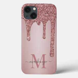 Luxury Rose Gold Sparkle Glitter Drips Monogram iPhone 13 Case