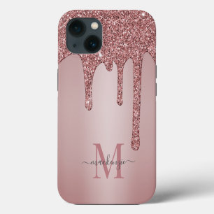 Luxury Rose Gold Sparkle Glitter Drips Monogram iPhone 13 Case