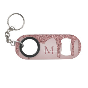 Luxury Rose Gold Sparkle Glitter Drips Monogram Keychain Bottle Opener