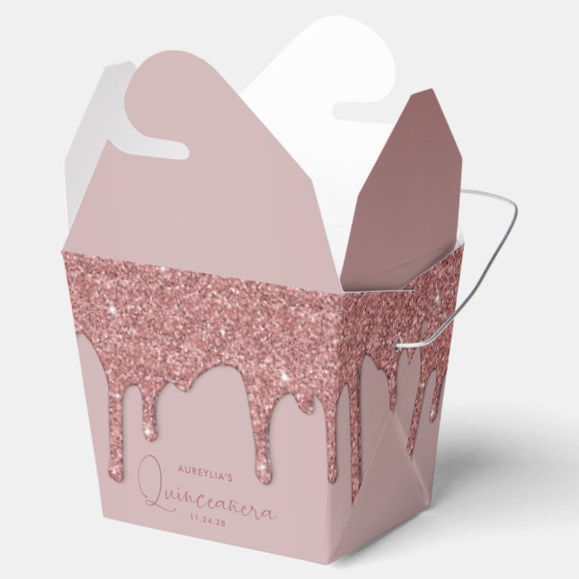 Luxury Rose Gold Sparkle Glitter Drips Quinceanera Favor Box (Opened)