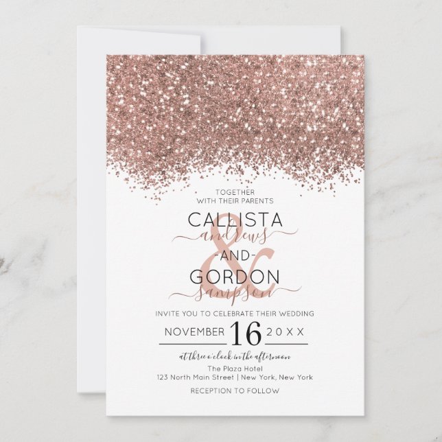 Luxury Rose Gold White Glitter Confetti Wedding Invitation (Front)