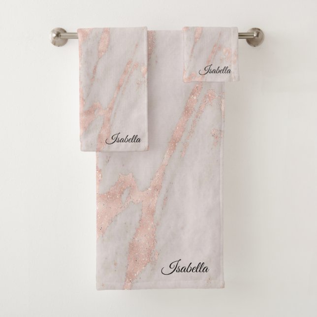 Luxury Rose Pink Blush Glitter Marble Customize Bath Towel Set (Insitu)