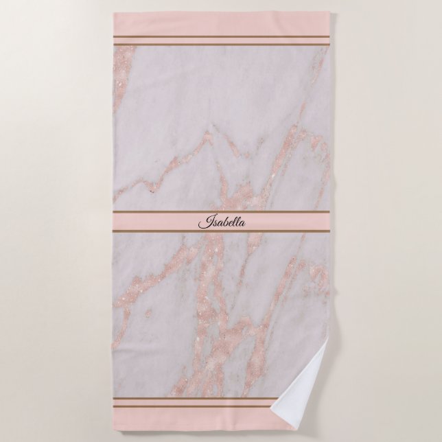 Luxury Rose Pink Blush Glitter Marble Customize Beach Towel (Front)