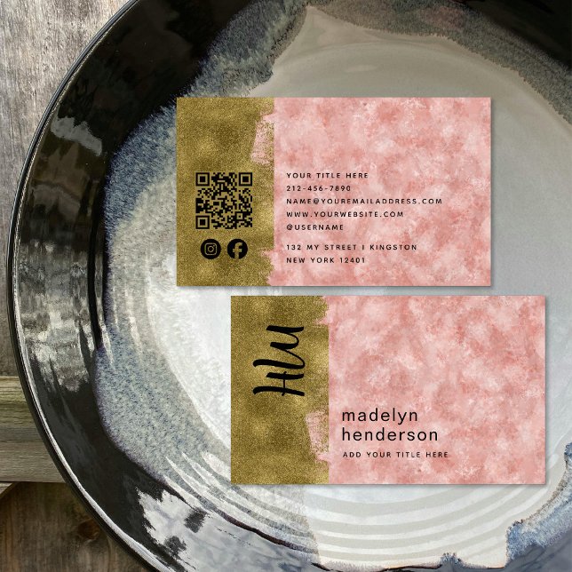 Luxury Rose Quartz Gold Brush QR Code Social Media Business Card (Creator Uploaded)