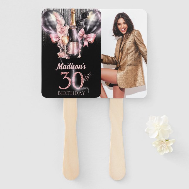 Luxury Rose Wine 30th Birthday Photo Personalized Hand Fan (Front and Back)