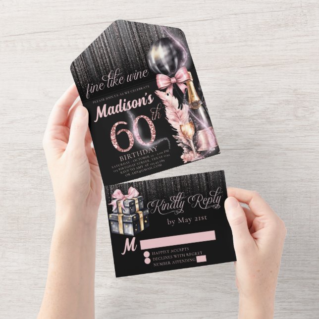 Luxury Rose Wine Adult 60th Birthday All In One Invitation (Tearaway)