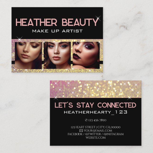 Luxury Rosy Golden Sparkling Glitter Photo Image  Business Card (Front/Back)