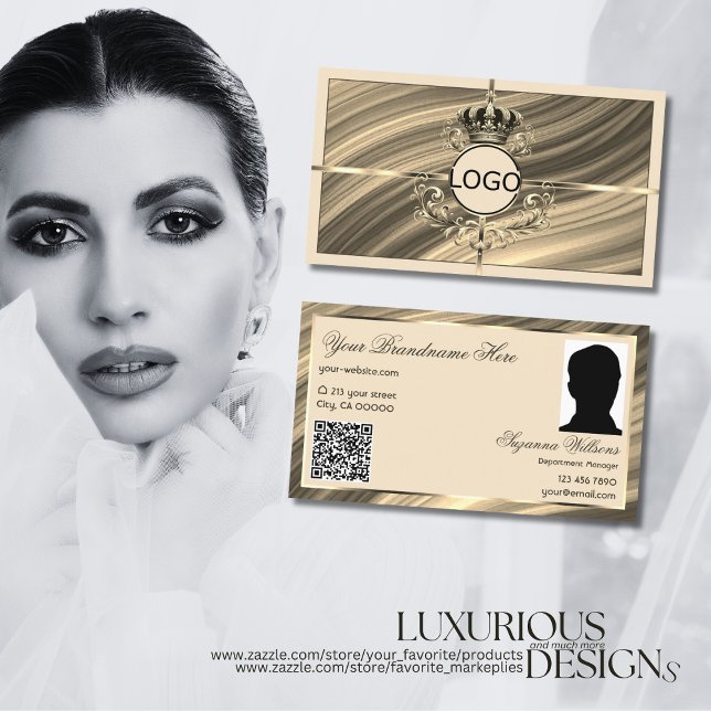Luxury Royal Beige Gold Crown Logo Photo QR Code Business Card (Creator Uploaded)