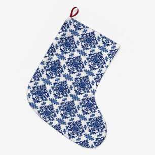 Luxury Royal Blue and White Baroque Floral Pattern Large Christmas Stocking
