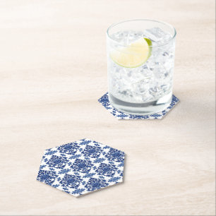 Luxury Royal Blue and White Baroque Floral Pattern Paper Coaster