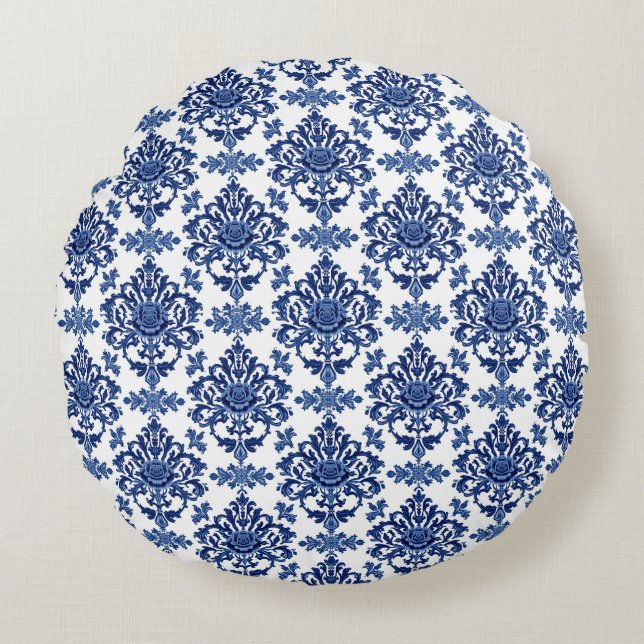 Luxury Royal Blue and White Baroque Floral Pattern Round Pillow (Front)