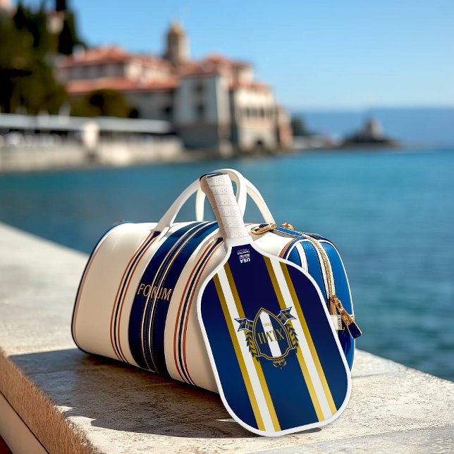 Luxury Royal Blue and White Monogram Pickleball Paddle (Elegant Royal Blue and White Striped Monogram Pickleball Paddle )