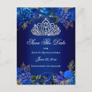 Luxury Royal Blue Floral Quinceanera Save The Date Postcard