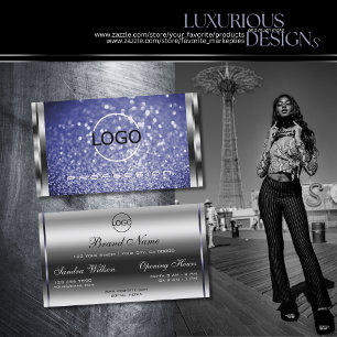 Luxury Royal Blue Glitter Sparkle Logo Chic Silver Business Card