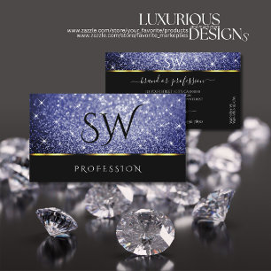 Luxury Royal Blue Glitter Stars Black Monogram Business Card
