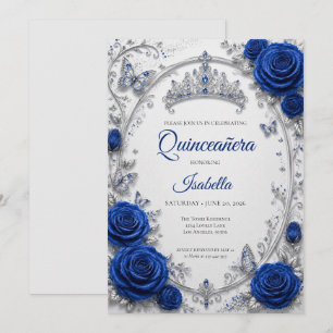 Luxury Royal Blue Silver Quinceañera Invitation