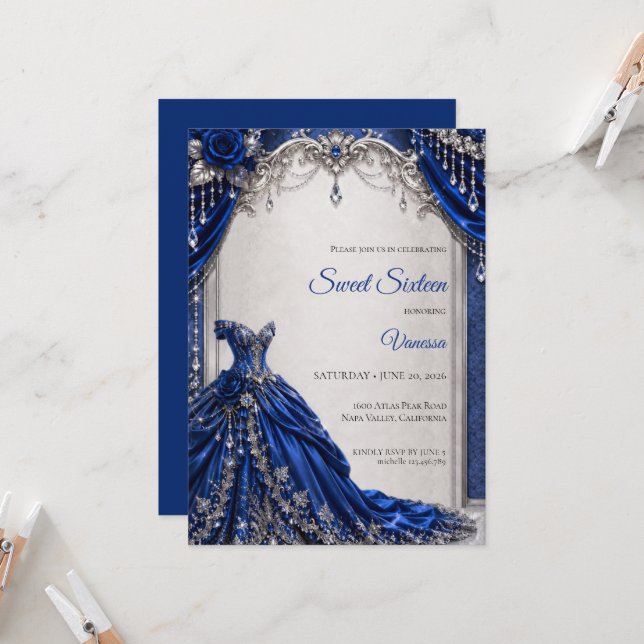 Luxury Royal Blue Silver Sweet 16 Invitation (Front/Back In Situ)
