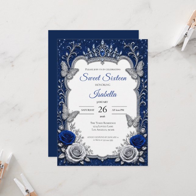 Luxury Royal Blue Silver Sweet 16 Invitation (Front/Back In Situ)