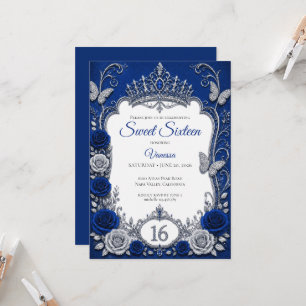 Luxury Royal Blue Silver Sweet 16 Invitation