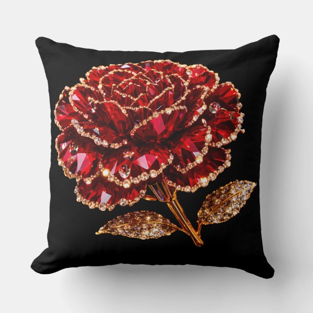 Luxury Ruby Red Crystal Rose Decorative Pillow (Front)