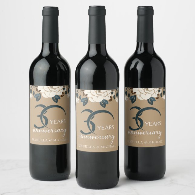 Luxury Rustic Floral 30th Wedding Anniversary Wine Label (Bottles)
