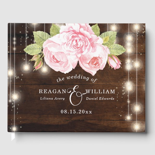 Luxury Rustic Wood String Lights Roses Wedding Guest Book (Front)