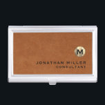 Luxury Sable Brown Leather Gold Monogram Business Card Holder<br><div class="desc">Simple modern design with luxury brushed metallic gold monogram medallion with personalized name and title or custom text below in classic block typography on a sable brown leather textured background. Personalize for your custom use.</div>