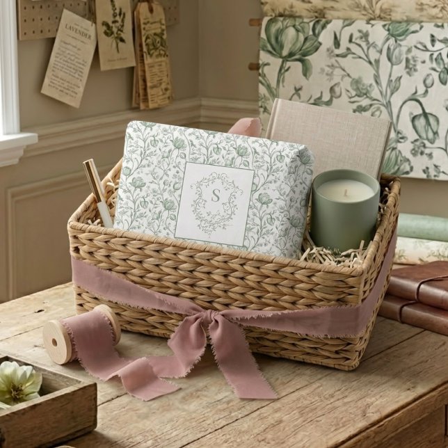 Luxury Sage French Toile Artisan Monogram Crest Tissue Paper (Creator Uploaded)