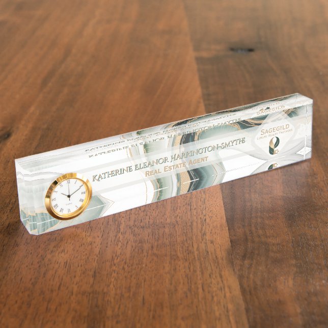 Luxury Sage Gold Marble Plus Clock Realtor Office Nameplate (Side)
