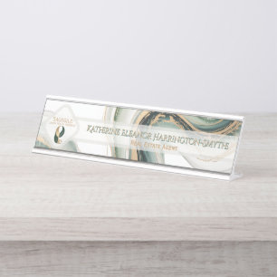 Luxury Sage Gold Marble Sleek Realtor Office Logo  Desk Name Plate