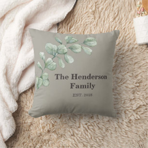 Luxury Sage Green Family Name and Established Throw Pillow