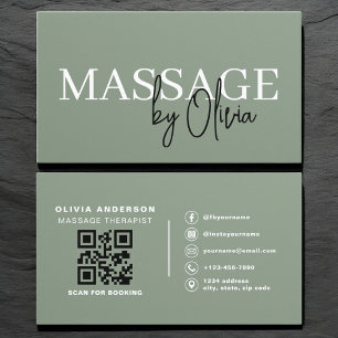 Luxury Sage Green Massage Therapist QR Code Business Card
