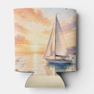 Luxury Sailboat at Sunrise Watercolor  Can Cooler