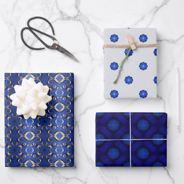 Luxury Sapphire Blue Gold Patterned  Wrapping Paper Sheet (Front)