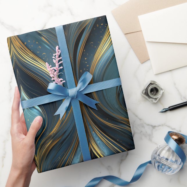 Luxury Sapphire Navy Gold Curve Abstract Pattern Wrapping Paper (Gifting)