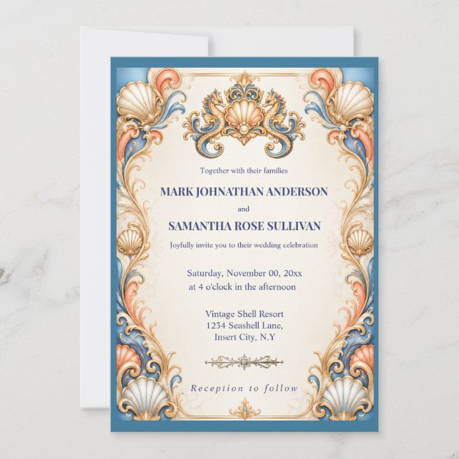 Luxury seahorse decorative beach seashell wedding invitation (Front)