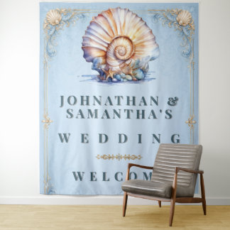 Luxury seashell beach wedding welcome sign tapestry