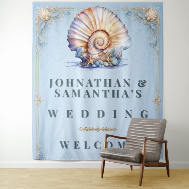 Luxury seashell beach wedding welcome sign tapestry (In Situ)