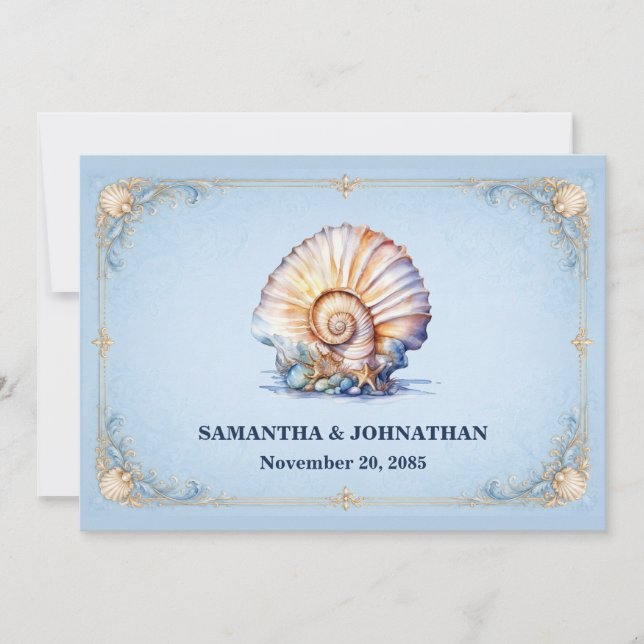 Luxury seashell wedding beach theme conch invitation (Front)