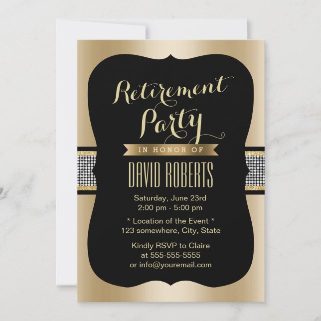 Luxury Sequin Belt Black & Gold Retirement Party Invitation (Front)