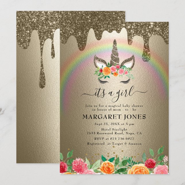 Luxury Shiny Gold Glitter Girl Unicorn Baby Shower Invitation (Front/Back)