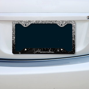 Luxury Silver Black Glitter and Sparkle Monogram License Plate Frame