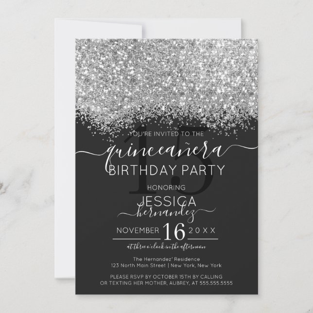 Luxury Silver Black Glitter Confetti Quinceañera Invitation (Front)