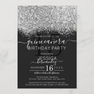 Luxury Silver Black Glitter Confetti Quinceañera Invitation